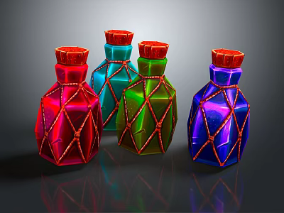 Colorful Decorative Bottles With Red Blue Green Purple Bodies Orange Net Design And Red Caps 3d model