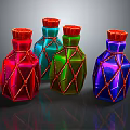 Colorful Decorative Bottles With Red Blue Green Purple Bodies Orange Net Design And Red Caps