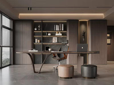 Modern Study Room Interior Design With Wooden Desk Comfortable Chair And Bookshelves 3d model
