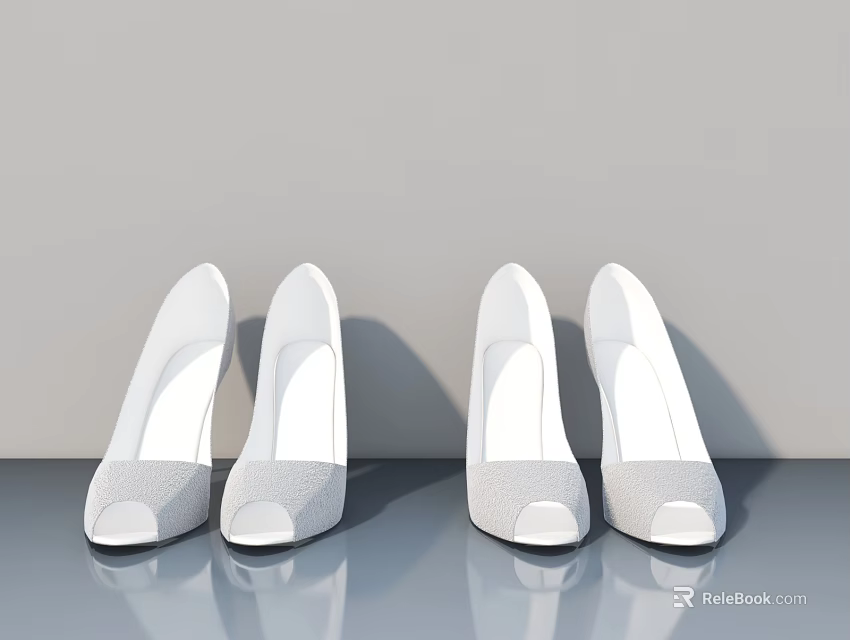 Elegant White High Heels Arranged On Shiny Reflective Surface With Gray Background 3d model