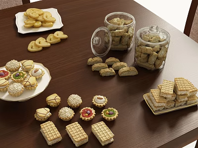 Assorted Cookies and Pastries on Wooden Table with Glass Jars and Plates 3d model