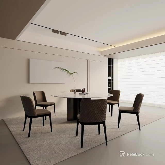 Modern Round Marble Dining Table Set With Upholstered Chairs And Potted Plant 3d model