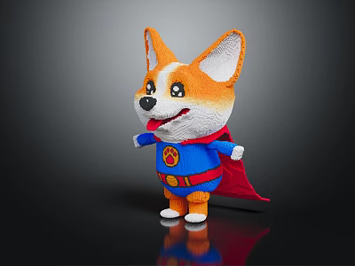 Adorable Corgi Plush Toy Wearing Blue Super Costume With Red Cape 3d model