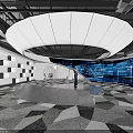 Modern Tech Exhibition Interior With Curved White Ceiling Circular Floor And Checkered Wall Screens 3d model