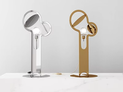 Modern Geometric Table Lamp with Bulb in Silver and Gold on White Marble Tabletop 3d model