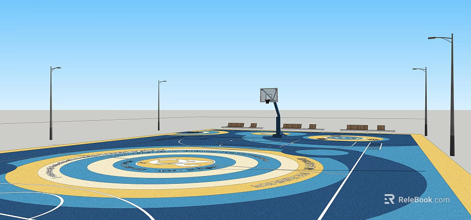 Colorful Outdoor Basketball Court With Concentric Circle Patterns Street Lamp And Benches 3d model 