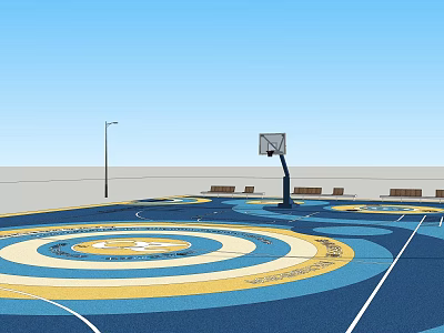 Colorful Outdoor Basketball Court With Concentric Circle Patterns Street Lamp And Benches 3d model