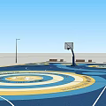 Colorful Outdoor Basketball Court With Concentric Circle Patterns Street Lamp And Benches