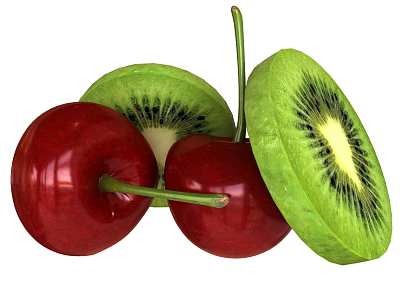 Fresh Red Cherries and Green Sliced Kiwi with Black Seeds and Yellow Center 3d model