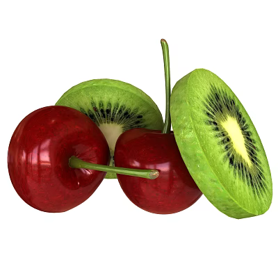 Fresh Red Cherries and Green Sliced Kiwi with Black Seeds and Yellow Center 3d model Fresh Red Cherries and Green Sliced Kiwi with Black Seeds and Yellow Center 3d model