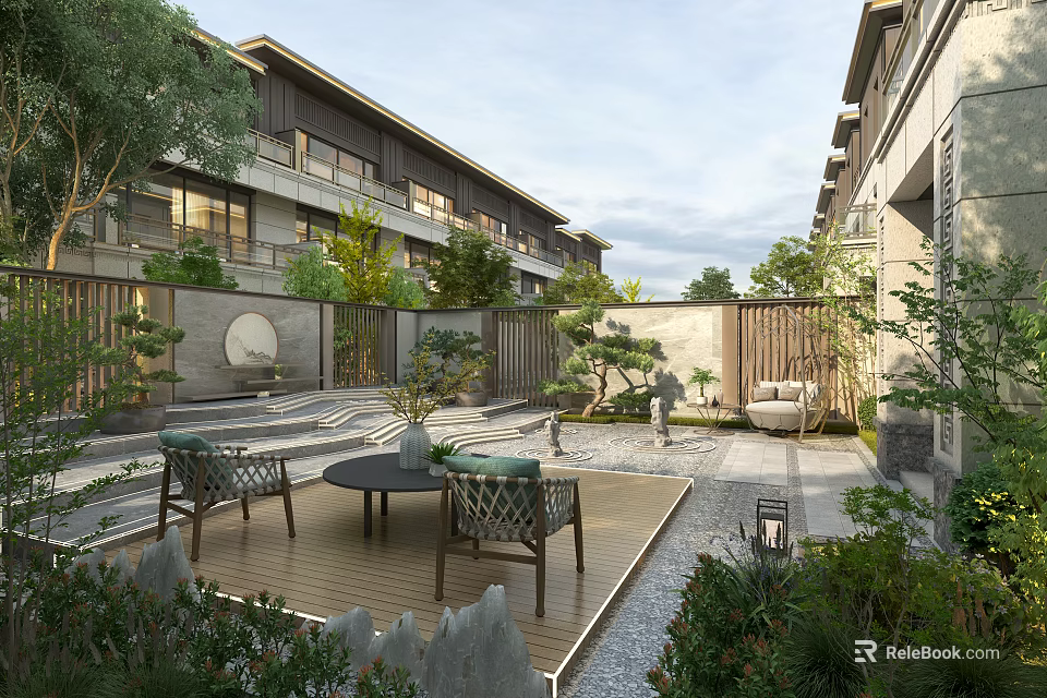 Chinese Style Garden Landscape With Wooden Deck Table Chairs Green Plants Rockery And Courtyard 3d model 