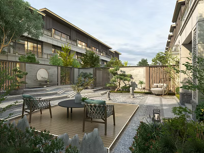 Chinese Style Garden Landscape With Wooden Deck Table Chairs Green Plants Rockery And Courtyard 3d model