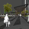 Modern Commercial Landscape With Trees Pedestrian Walkway Seating And Buildings