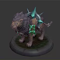 Mythical 3D Lion Figure With Blue Crystal Spikes And Dark Fur On Circular Base