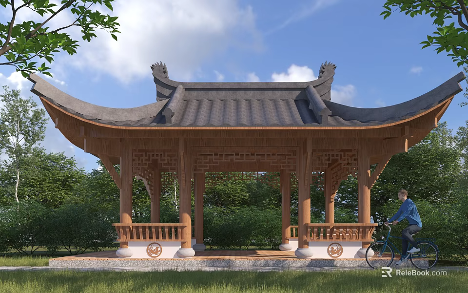 Traditional Chinese Pavilion With Curved Eaves Wooden Structure Green Trees And Person Riding Bicycle 3d model 