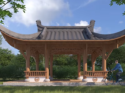 Traditional Chinese Pavilion With Curved Eaves Wooden Structure Green Trees And Person Riding Bicycle 3d model