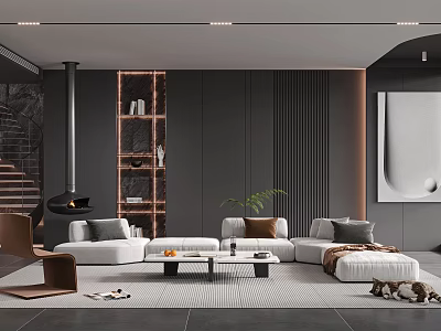 Modern Living Room Interior With White Sofa Wooden Shelves And Green Plant 3d model