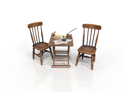 Vintage Wooden Furniture Set With Two Chairs Small Table And Scroll Pen Paper 3d model