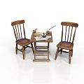 Vintage Wooden Furniture Set With Two Chairs Small Table And Scroll Pen Paper