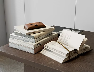 Stacked Books Interior On Modern Desk With Open Book And Leather Wallet 3d model
