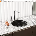 Stylish Kitchen Sink with Faucet Flowing Water Drainer Rack and Peaches on Speckled Countertop