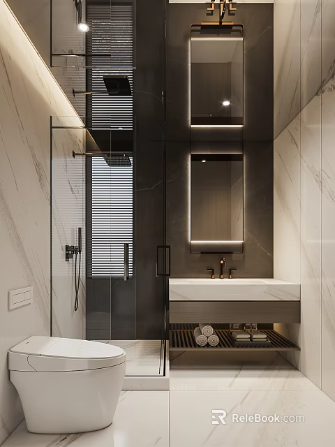Modern Bathroom Interior With Marble Walls Backlit Mirror Glass Shower And Vanity Sink 3d model 