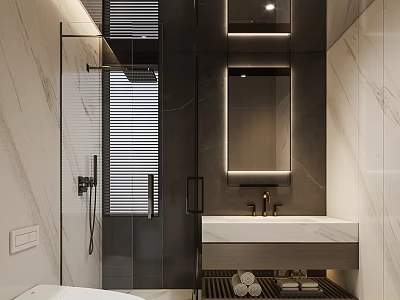 Modern Bathroom Interior With Marble Walls Backlit Mirror Glass Shower And Vanity Sink 3d model