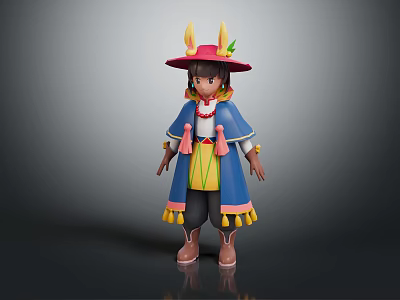 Fantasy Creature Character with Horned Hat Blue Cloak and Tasseled Skirt Outfit 3d model