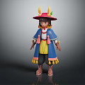 Fantasy Creature Character with Horned Hat Blue Cloak and Tasseled Skirt Outfit