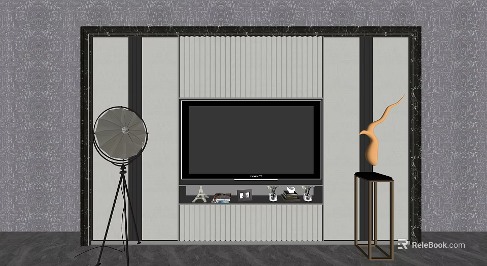 Modern TV Background Wall With Panel Design Floor Lamp And Sculpture Decor 3d model