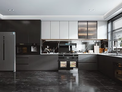Modern Kitchen Interior With Black And White Cabinets Marble Countertops Oven And Refrigerator 3d model