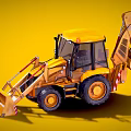 Yellow Backhoe Loader Construction Vehicle With Front Loader Bucket And Rear Excavator Arm