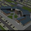 Aerial View Planning Modern Building Complex With Blue Roofs Central Green Space And Parking Lots