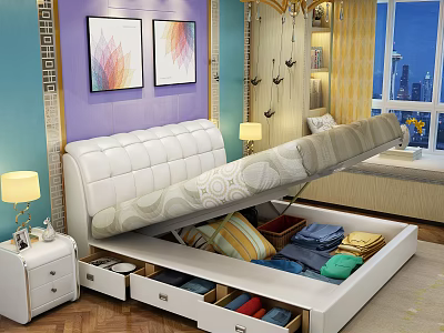 Modern White Double Bed With Storage Drawers Decorative Paintings Nightstand And City View 3d model