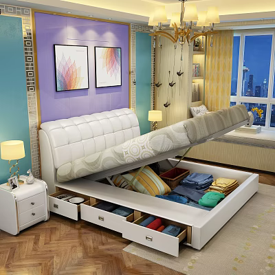 Modern White Double Bed With Storage Drawers Decorative Paintings Nightstand And City View 3d model