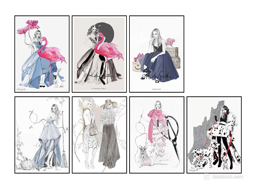 Hand Drawn Character Drawings With Various Poses Dresses And Flamingo Elements 3d model 