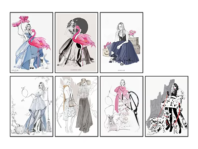Hand Drawn Character Drawings With Various Poses Dresses And Flamingo Elements 3d model