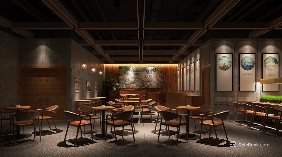 Cozy Café Interior With Wooden Walls Hanging Lights And Round Tables 3d model 