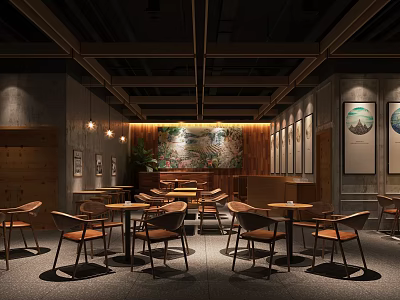 Cozy Café Interior With Wooden Walls Hanging Lights And Round Tables 3d model
