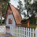 Wooden A Frame Cabin With White Exterior Surrounded by Trees and White Picket Fence
