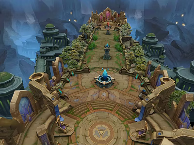 Vibrant Cartoon Fantasy Arena Featuring Symmetrical Towers Central Magical Fountain And Glowing Decorations 3d model