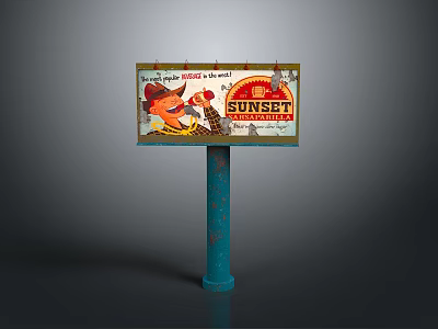 Outdoor Sunset Beer Billboard With Teal Pole And Vintage Cartoon Characters Design 3d model