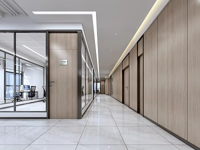 Modern Office Corridor With Wooden Walls White Tiled Floor Glass Partitions And Recessed Lights 3d model