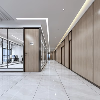 Modern Office Corridor With Wooden Walls White Tiled Floor Glass Partitions And Recessed Lights 3d model