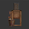 Wooden Drawer Cabinet With Metal Handles Old Books On Top And Metal Trash Bin Beside