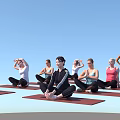Group of People Practicing Yoga Stretching and Meditating on Mats with Blue Background