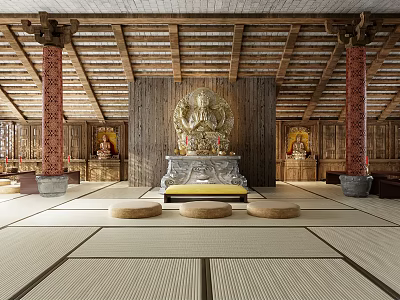Traditional Wooden Temple With Red Pillars Central Buddha Statue And Tatami Flooring 3d model