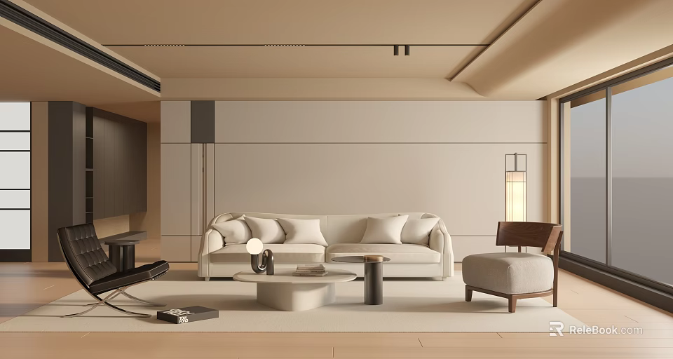 Minimalist Living Room With Neutral Tones Sofa Coffee Table And Floor To Ceiling Window 3d model 