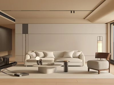 Minimalist Living Room With Neutral Tones Sofa Coffee Table And Floor To Ceiling Window 3d model
