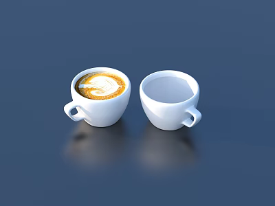 Fresh Coffee in White Cups with Latte Art and Empty Cup on Dark Blue Surface 3d model
